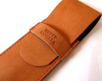 Personalised Leather Pen Case, Dark Orange (2 pens), engraved