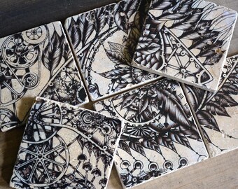 Coaster set-6 steampunk Timemachine Marble Tiles