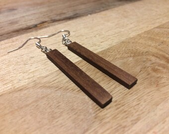 Hand made women's dangle wooden earrings in reclaimed teak with silver plated fish hooks