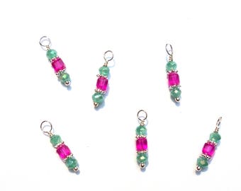 6PC. Frosted Sea green and Pink AB Austrian Crystal Bead Dangle Charm// AB Crystal Dangle Charms//Adorned with Silver Tone Plated Accents
