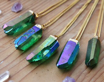 Emerald Green Angel Aura Quartz Gold Dipped Necklace - Rough Clear Raw Point Rainbow Pastel Crystal Pink Gold Plated Chain, Natural Layering