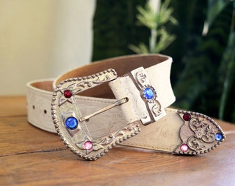Vintage XS 26-28 Tooled Cream White Leather Bejeweled Cowgirl Belt Rockabilly Rhinestone Jeweled