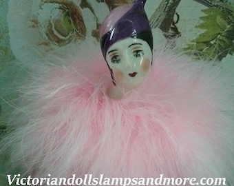 Powder Puff Porcelain Pierette Doll with light pink boa