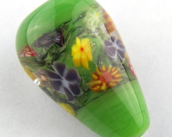 Green Garden With Butterflies and Flower Murrine Lampwork Glass Bead by Chase Designs