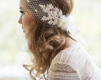 Ivory Bridal Veil Headband wedding, hair bandeau