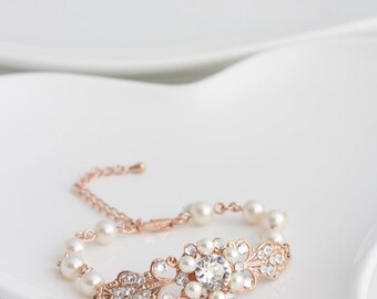 Rose Gold Bridal Bracelet Pearl Rhinestone Wedding Bracelet Vintage Style Filigree Pink Gold Bracelet PARIS
