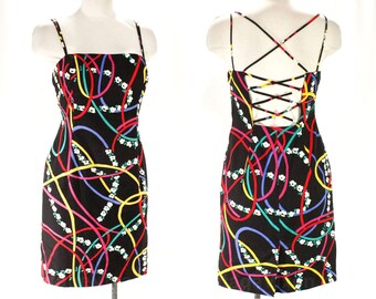 Size 6 Sun Dress - 1990s Black & Colorful Garlands Novelty Print Cotton - 90s Summer Dress - Strappy Criss Cross Back - Bust 33.5 - 47901