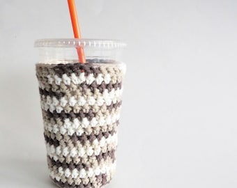 iced coffee cozy. Crochet coffee cozy. Brown cup cozy. Cotton cup sleeve. Eco friendly cup jacket. Summer drink cozy. Brown Ombre Cup Sleeve