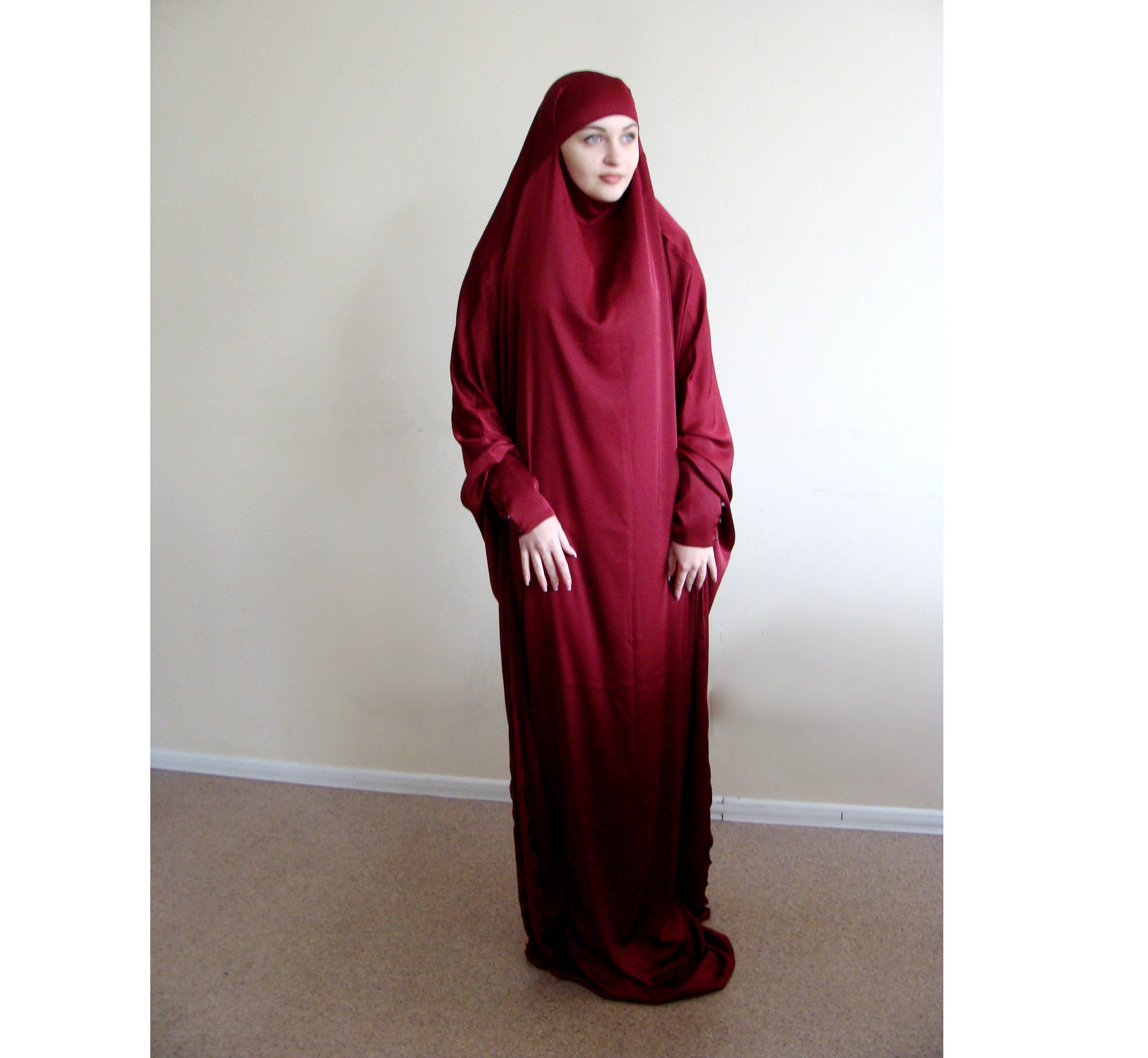 Long Silk Khimar  muslim  dress Burgundy BurqaWedding Abaya