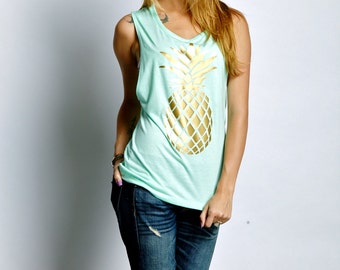 Pineapple Womens Tank. Tropical Summer Pineapple Tank. Pineapple Fashion. Pineapple Tee Shirt. Muscle Tank. Gold Pineapple Shirt. Pineapple