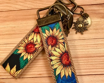 Blue Sunflower wristlet, Black Sunflower wristlet, Key Wristlet, Sunflowers wristlet, sunflowers, keychains