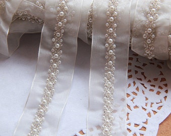 White Beaded Lace Trim Rhinestone Pearl Lace Trim For Wedding Costume Bridal Belt Dress Sash Jewelry Accessory 0.39 Inch Wide 1 Yard L0321