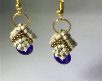 Handmade blue and Beige Delicate Drop Earrings