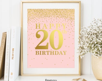 Happy 20th Birthday, Printable 20th birthday decor, 20th birthday sign, Birthday party decorations, Birthday Printable Banner,8x10 Printable