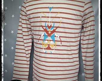 Custom handpainted long-sleeved striped T-shirt with beetle "Insectívoro Collection 001"
