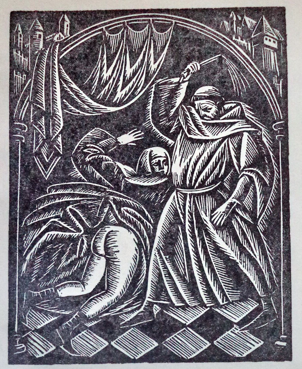 Original Woodcut 1950s Print Medieval Art Woman Tortured by