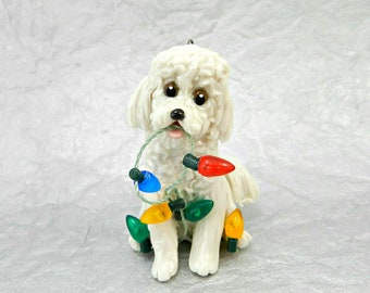 Bichon Frise Porcelain Christmas Ornament Figurine with Lights
