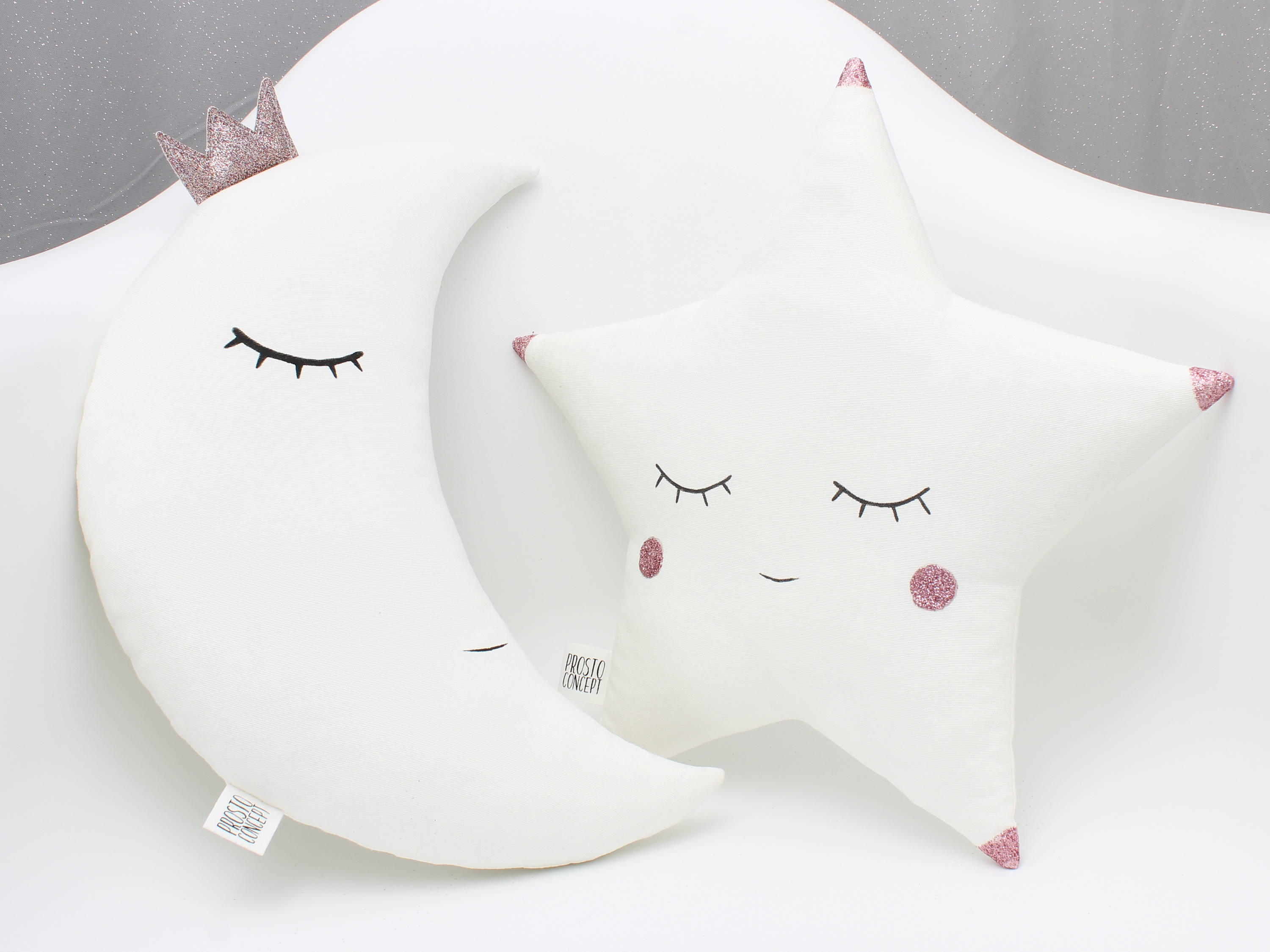 Star pillow and Moon pillow with pink glitter touch baby