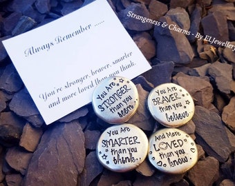 Hand Stamped 'Stronger, Braver, Smarter, Loved' Pewter Hug Stones Set,Friends,Pebbles, Metal Jewellery, Gifts, Pocket Gifts, Stamped Stones.