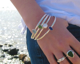 Sea Glass Bangle Bracelet | Sterling Silver Bangle Bracelet | Bangle Bracelet | Sea Glass Bracelet | Beach Glass Bracelet | Pearl Bracelet