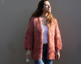 Oversized slouchy chunky knit cardigan, Salmon pink knit jacket, ombre tweed handknit cardigan, bulky chunky cardigan, chunky knits