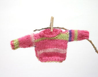 Pink Miniature Sweater- Hand Knitted Pullover- Doll, Bear, Small Pet- Miniature Clothes