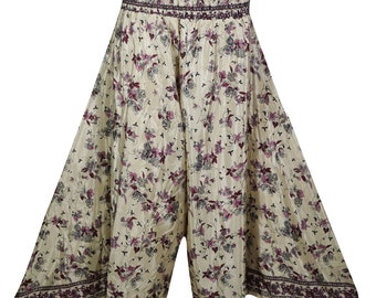 Vintage Silk Sari High Waist Split Maxi Skirt Floral Wide Leg Gypsy Hippie Chic Printed Flared Beige Divided Long Skirts S/M