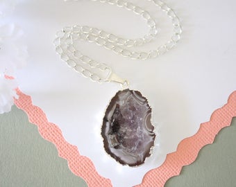 Geode Necklace Silver, Crystal Necklace, Geode Agate Slice, Boho Jewelry, Druzy Pendant, Vegan, Silk Jewelry, Natural Geode, GS74