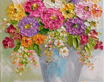 Custom Impasto Zinnia Flower Painting, Impasto Oil Painting, Summer Bouquet