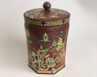 Vintage Candy Tin, Murray Allen Confections, Collectible Red Tin, Round Tin, Regal Crown Import, Asian Scene, Red Decor, Farmhouse Decor
