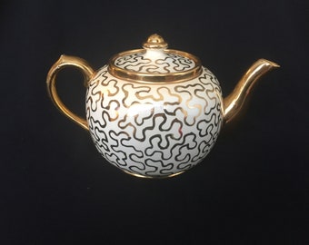 Art Deco 1930 Sudlow's Burslem Teapot - Gold Cornelli Lace Pattern 0657 Porcelain - made in England
