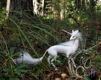 FOR EXAMPLE! Last Unicorn OOAK poseable art doll resin, faux fur, gem, acrylic, paint, glass, clay