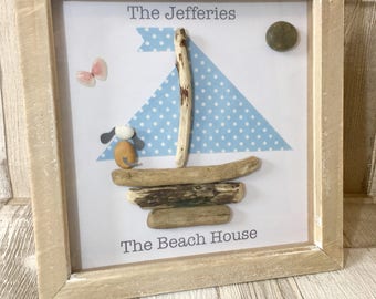 Handmade Pebble Art, Pebble Art Boat, Pebble Picture Boat, Pebble Gifts, Framed Pebble Pictures, Driftwood Art, Driftwood Picture,