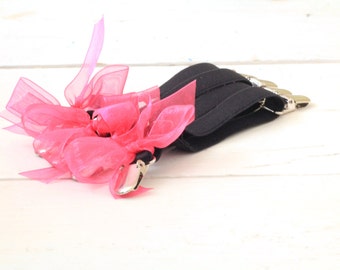 THIGH HIGH sock GARTERS - crocodile clips - onto shorts or knickers - pretty little bows - black garters - Gothic sock suspenders hot pink