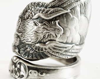 Phoenix Rising Ring, Large Sterling Silver Spoon Ring, Handmade Jewelry, Phoenix Wings, Pheonix, Gift for Him or Her, Adjustable Ring (6294)