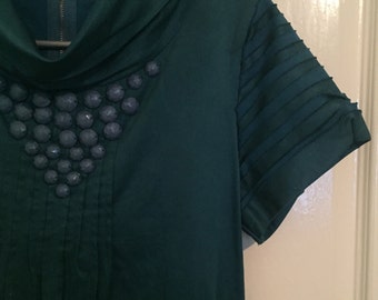 Embellished Teale Green High collared Tunic Dress