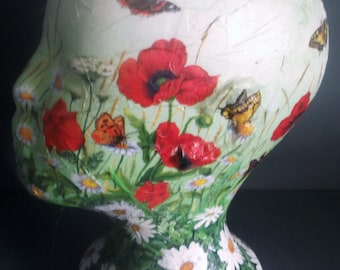 Poppies and daisies mannequin hand painted, decoupaged, collaged original artwork female
