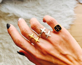 Adjustable double cross rings in Silver or Gold and Signet cross ring in Gold with black embellishment
