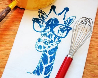 Teal Giraffe Kitchen Tea Towel - Screen Printed Funny Towels - Flour Sack Tea Towel - Eco Friendly Kitchen Towel - Dish Towels - Hand Towels