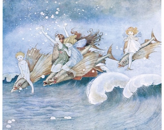 Hand-cut wooden jigsaw puzzle. SEA FAIRIES and NAUTILUS. Outhwaite. Fairytale gift. Wood, collectible. Bella Puzzles.