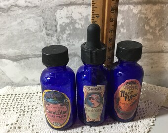 Set of 3 Small Apothecary Bottles, Cobalt Blue Glass Bottles, Decoupaged Bottle, Recycled Apothecary Bottle