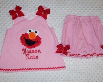 Pink Gingham Elmo Applique Monogram A-line Top and Bloomers Set with red trim - pink gingham shorties - Elmo shorts set - birthday party