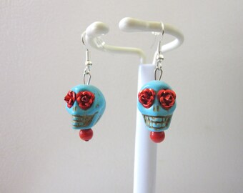 Day of The Dead Earrings Sugar Skull Jewelry Turquoise Blue Red Rose