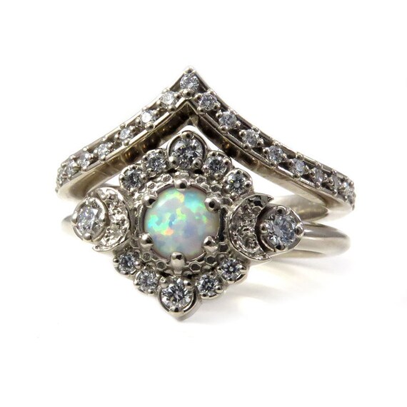 Lab Opal Moon Halo Engagement Ring Set- Celestial Wedding Rings with Star Chevron Wedding Band
