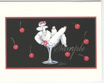 White Poodle in Champagne Glass Cherries 6 Note Cards with Envelope