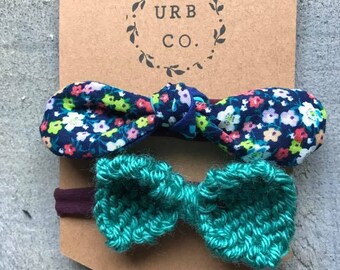 Floral and Teal Knit bow Infant headband