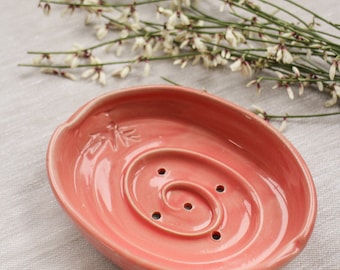 Pink ceramic soap dish. Soap holder. Soap dish with holes.