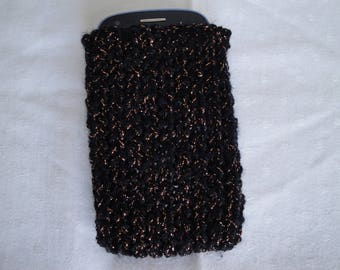 black mix phone sock, rib knit phone cover, lurex phone cosy, copper phone cover, phone protector, sparkly phone case, stretchy phone sock