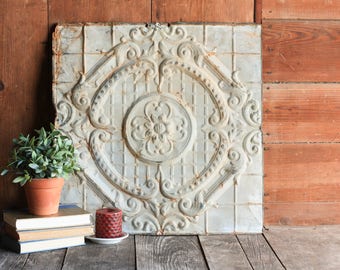 Vintage Tin Tile, Architectural Salvage, Metal Ceiling Tile, Shabby Chic Mantel Decor, Pressed Tin, Farmhouse Wall Decor, Chippy White