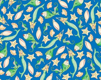 Quilting Treasures, "Mermaid Merriment" Mermaids and Sea critters on Dark Blue, Yard